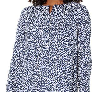 Womens XL Blouse, oversize royal blue and white, half buttons long sleeves